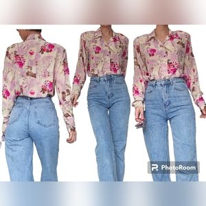 Vintage Tess Silk Pink Floral Multy Print Long Dleeve Blouse Size S M